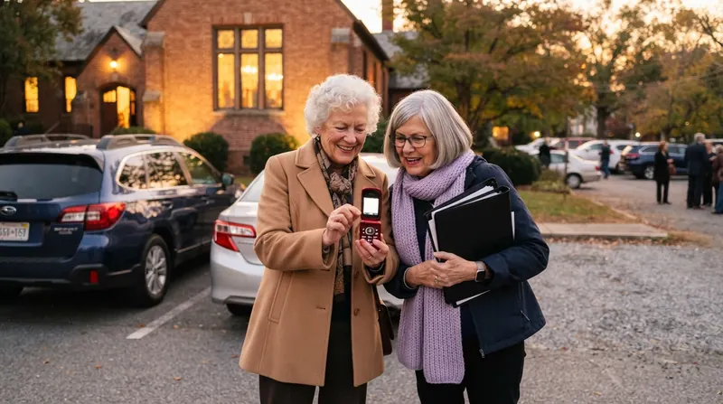 An older woman in a wool coat opening a red flip phone in a church parking lot at dusk while a friend watches