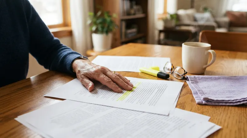 Printed pages of a phone product listing spread on a dining table with a yellow highlighter, reading glasses and a coffee cup