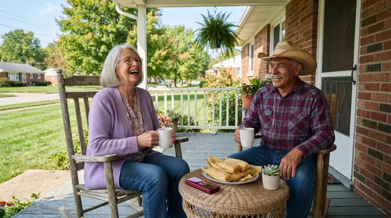 An older woman and her neighbor having coffee on a front porch, a red flip phone and a plate of tamales on the table