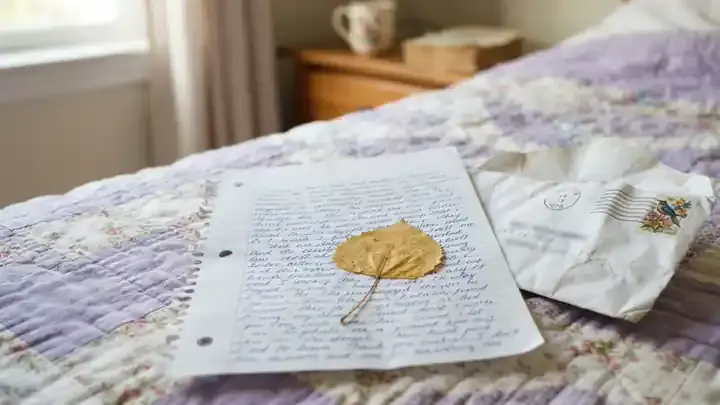 A handwritten letter on lined notebook paper with a pressed yellow aspen leaf, lying on a quilt beside an opened envelope