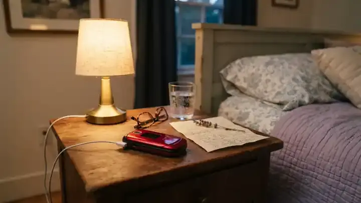 A red flip phone charging on a wooden nightstand at night beside a brass lamp, a glass of water and a folded letter