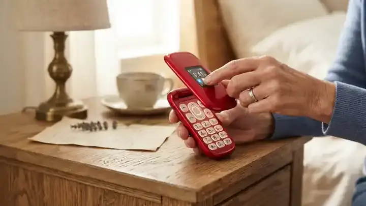 A hand opening a red flip phone on a nightstand as the keypad lights up softly, slow zoom