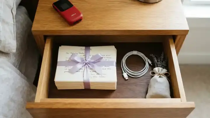 A neat nightstand drawer holding only a stack of letters tied with lavender ribbon and a coiled charging cable