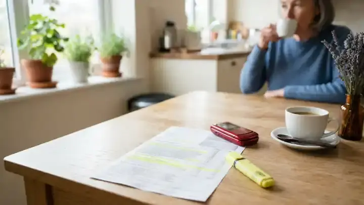 A paper phone bill on a kitchen table with lines highlighted in yellow beside a red flip phone and a cup of coffee