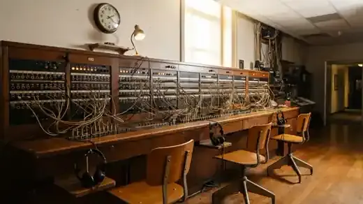 A vintage telephone cord switchboard with rows of jacks, patch cords and operator headsets hanging on hooks