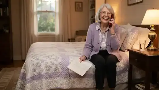 An older woman sitting on the edge of her bed smiling as she talks on an open red flip phone, a letter in her lap