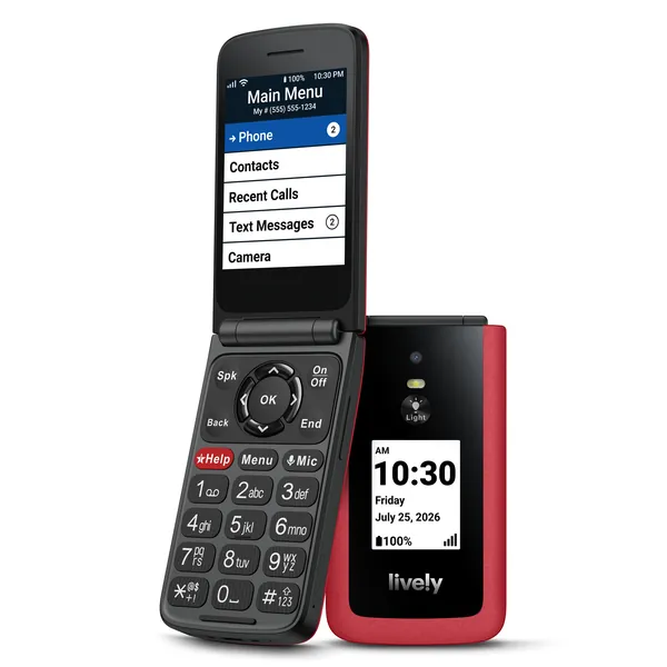 The red Jitterbug Flip3 flip phone, open, showing its large keypad and screen